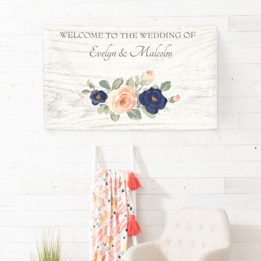 Rustige marineblauw en peach Floral Wedding Spandoek (Insitu)