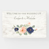 Rustige marineblauw en peach Floral Wedding Spandoek (Horizontaal)