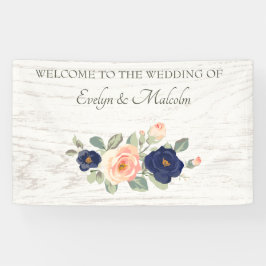 Rustige marineblauw en peach Floral Wedding Spandoek