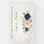 Rustige marineblauw en peach Floral Wedding Spandoek (Verticaal)