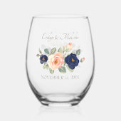 Rustige marineblauw en peach Floral Wedding Wijnglas Zonder Voet (Voorkant)