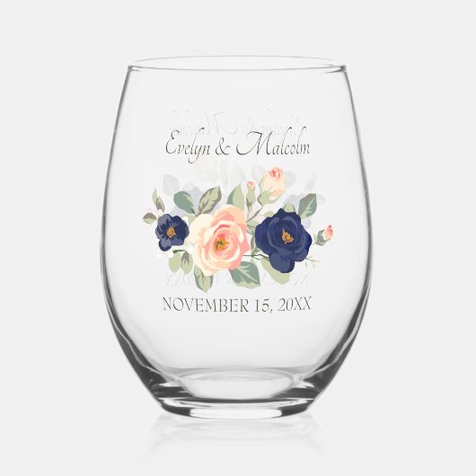 Rustige marineblauw en peach Floral Wedding Wijnglas Zonder Voet (Voorkant)