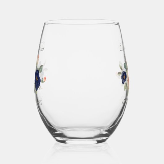 Rustige marineblauw en peach Floral Wedding Wijnglas Zonder Voet (Links)