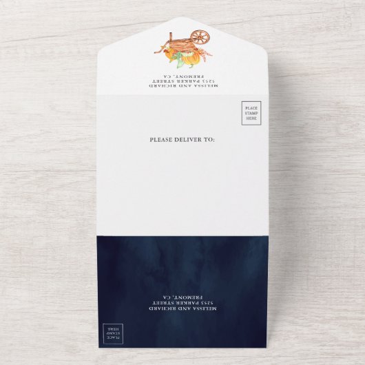 Rustige marineblauw Herfst Maple leves Pumpkin Wed All In One Uitnodiging (Buitenkant)