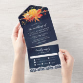 Rustige marineblauw Herfst Maple leves Pumpkin Wed All In One Uitnodiging (Afscheurbaar)