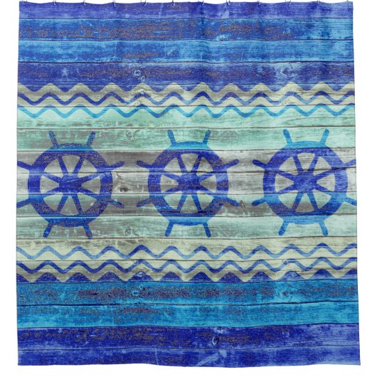 Rustige marineblauw kustdek scheepswielen douchegordijn (Voorkant)