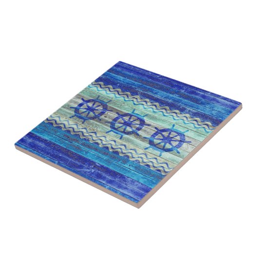 Rustige marineblauw kustdek scheepswielen tegeltje (Zijkant)