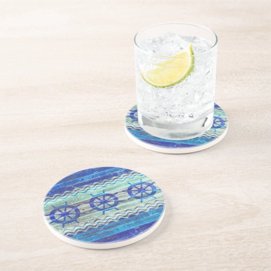 Rustige marineblauw kustdek scheepswielen zandsteen onderzetter (Zijkant)
