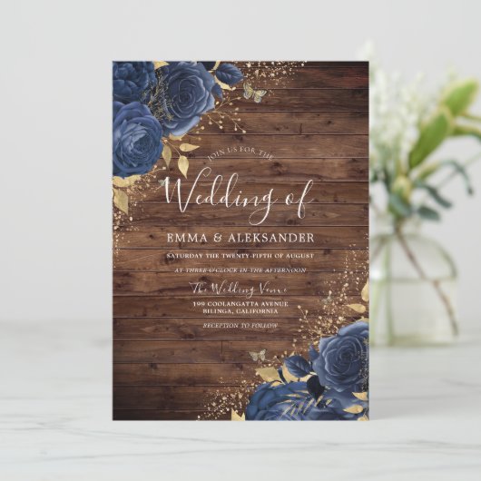 Rustige marineblauw Roos en goudweddenschap Kaart (Staand voorkant)