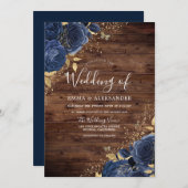 Rustige marineblauw Roos en goudweddenschap Kaart (Voorkant / Achterkant)