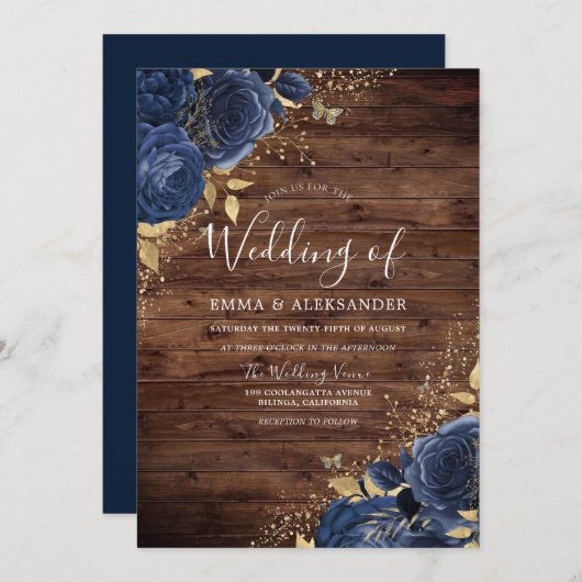 Rustige marineblauw Roos en goudweddenschap Kaart (Voorkant / Achterkant)