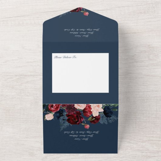 Rustige marineblauw strand & Bourgogne Floral Dinn All In One Uitnodiging (Buitenkant)