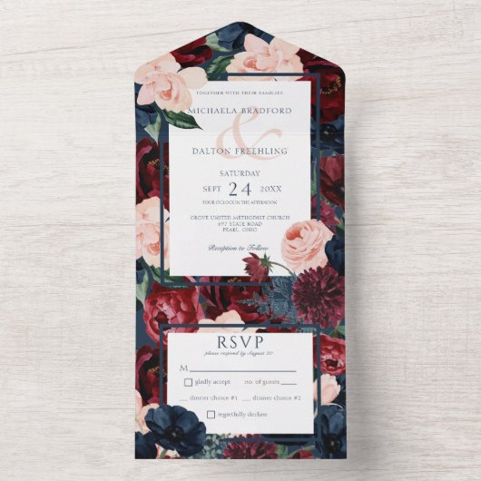 Rustige marineblauw strand & Bourgogne Floral Dinn All In One Uitnodiging (Binnen)