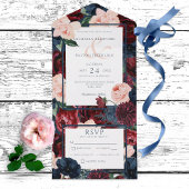 Rustige marineblauw strand & Bourgogne Floral Dinn All In One Uitnodiging