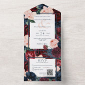 Rustige marineblauw strand & Bourgogne Floral QR-c All In One Uitnodiging (Binnen)