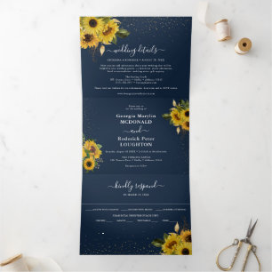 Rustige marineblauw - zonnebloem - bruiloft drieluik uitnodiging