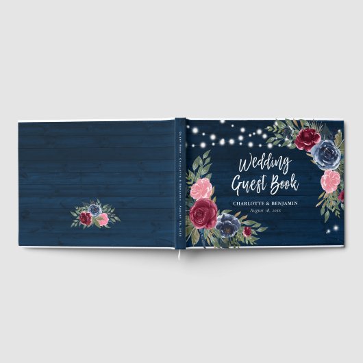 Rustige marineboot Blue Burgundy Blush Floral Wedd Gastenboek (Volledig)