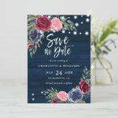 Rustige marineboot Blue Burgundy Blush Floral Wedd Save The Date (Staand voorkant)