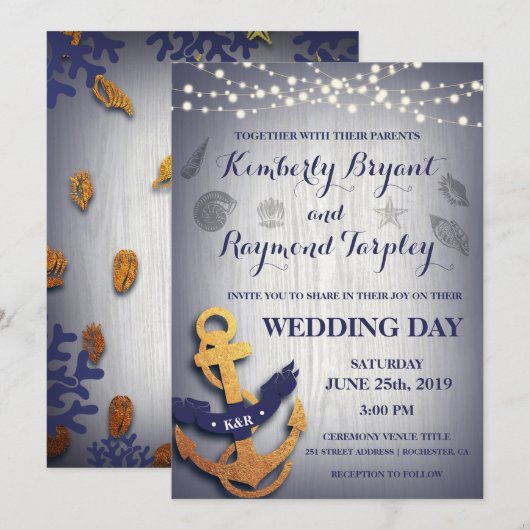Rustige marinegoudkleurige goudankerbruinbruiloft kaart (Voorkant / Achterkant)