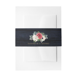 Rustige marinehout Elegant Red Floral White Weddin Uitnodigingen Wikkel