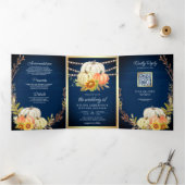 Rustige marinehout zonnebloempjes QR-code bruiloft Drieluik Uitnodiging (Binnen)