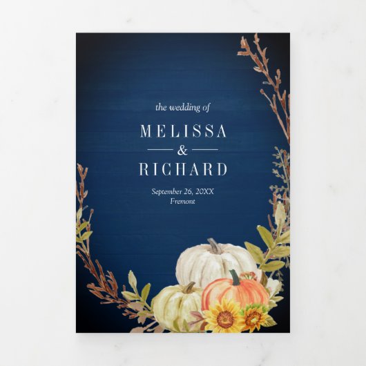 Rustige marinehout zonnebloempjes QR-code bruiloft Drieluik Uitnodiging (Cover)