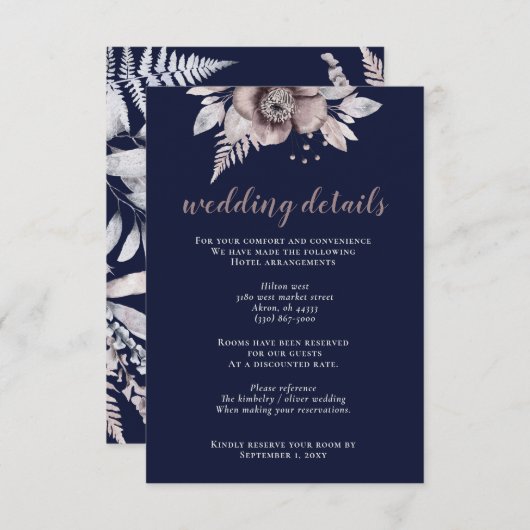 Rustige marinesnoorse boerenbruiloft informatiekaartje (Voorkant / Achterkant)