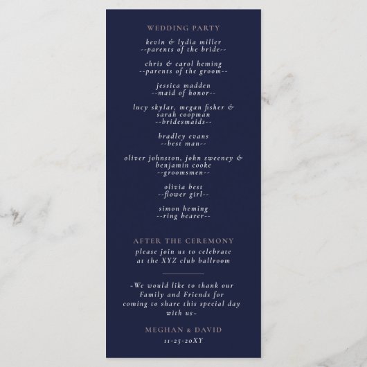 Rustige marinesnoorse boerenbruiloft programmakaart (Achterkant)