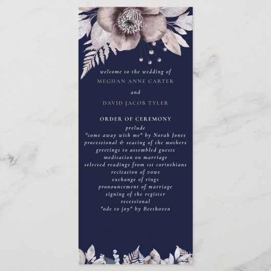 Rustige marinesnoorse boerenbruiloft programmakaart (Voorkant)