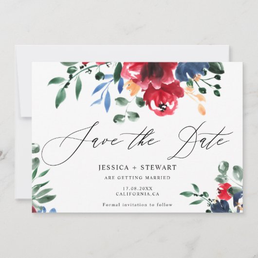 Rustige marinevlooienbruiloft met boeroendi, met u save the date (Voorkant)