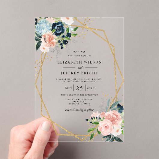 Rustige marinezeemacht - goudbloem - geometrische acryl uitnodigingen (Insitu (Draagbaar))