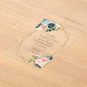 Rustige marinezeemacht - goudbloem - geometrische acryl uitnodigingen (Laagn)