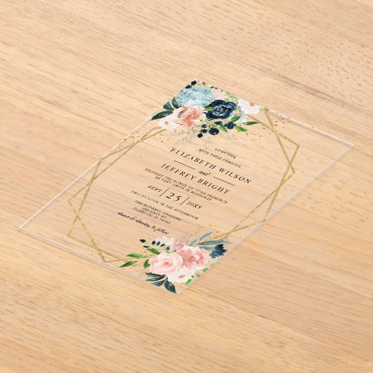 Rustige marinezeemacht - goudbloem - geometrische acryl uitnodigingen (Laagn)