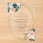 Rustige marinezeemacht - goudbloem - geometrische acryl uitnodigingen (Voorkant)