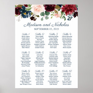 Rustige marinezeemacht Marsala Floral Wedding Seat Poster