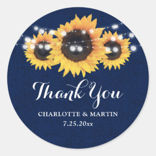Rustige marinier Blue Burlap Sunflower Wedding Fav Ronde Sticker