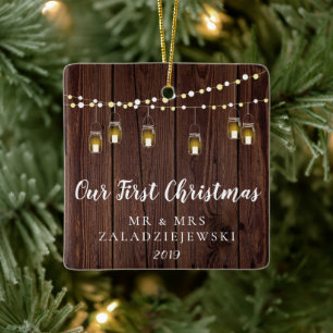 Rustige Mason Jar licht ons eerste kerstfeest in Keramisch Ornament