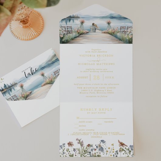 Rustige Meer Wilde Bloem | Boho Bruiloft All In One Uitnodiging