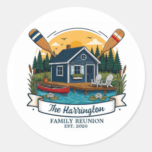 Rustige meerhut familiebijeenkomst ronde sticker