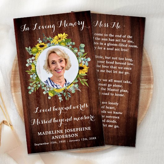 Rustige Memorial Sunflower Funeral Prayer Kaart