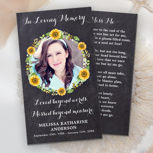 Rustige Memorial Sunflower Funeral Prayer Kaart