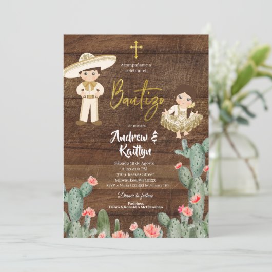 Rustige Mexicaanse goudjongen meisje Twin Bautizo  Kaart (Staand voorkant)