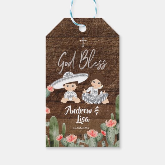 Rustige Mexicaanse zilver Charro Baptism Twins Cadeaulabel (Voorkant)