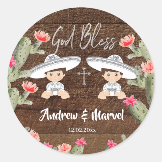 Rustige Mexicaanse zilver Charro Twins Boy Baptism Ronde Sticker (Voorkant)
