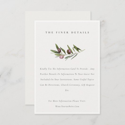 Rustige minimale olievlek van de olijftak informatiekaartje (Voorkant / Achterkant)