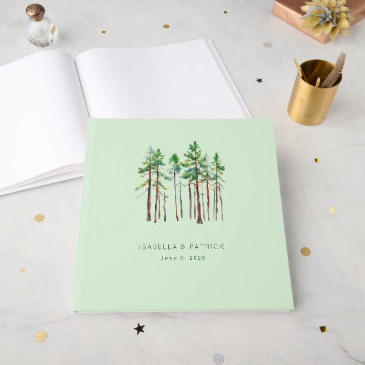 Rustige Mint Waterverf Dennenbomen Gastenboek (Voorkant open)
