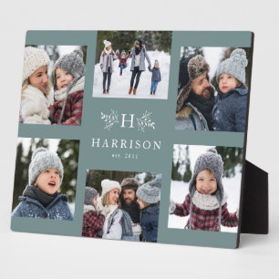 Rustige monogram 6 foto collage familienaam blauwg fotoplaat