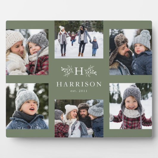 Rustige monogram 6 foto collage familienaam fotoplaat (Voorkant)