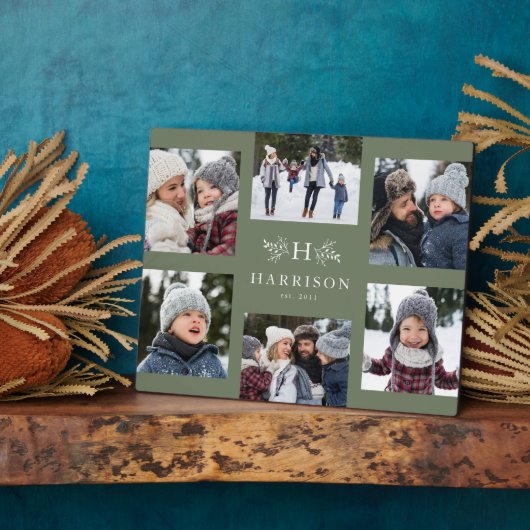 Rustige monogram 6 foto collage familienaam fotoplaat (Zijkant)