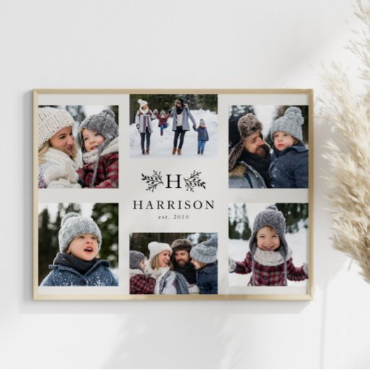 Rustige monogram 6 foto collage familienaam perfect poster